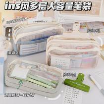 Large-capacity Korean pen bag with multi-compartment zipper ins college style desktop student pencil storage bag stationery