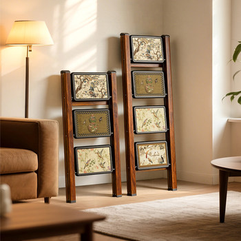 Meishida Retro Folding Ladder for Home Use, Imitation Wood Foot Ladder, Vintage Style Cartoon Cat Decorative Pattern Ladder