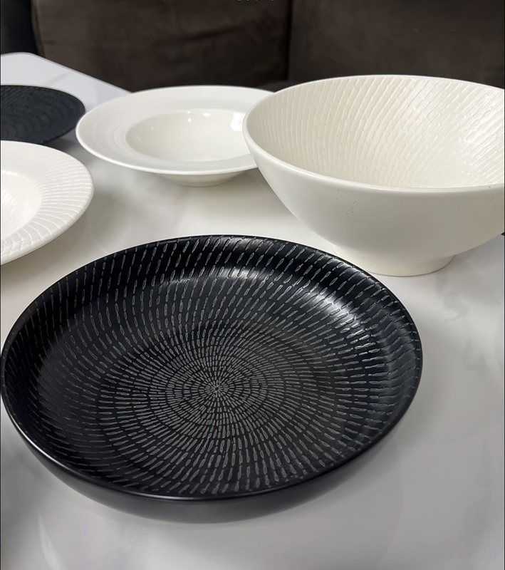 Luzerne Ebony Series Black and White Embossed Texture Bowl Shallow Plate Soup Plate High Quality