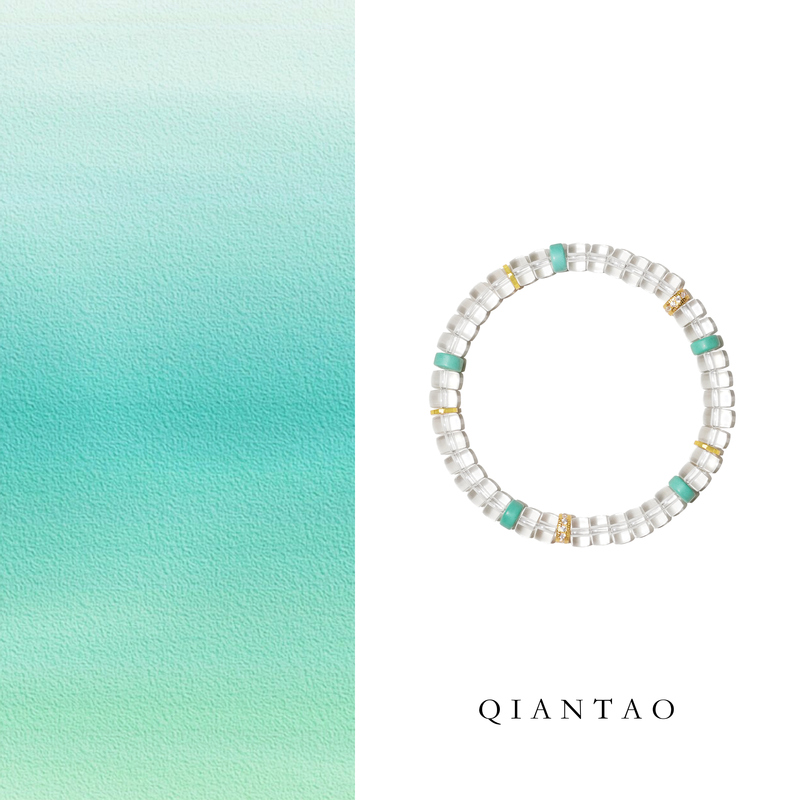 Qiantao「Jade Wind」Stabilizes Emotions Natural White Crystal Turquoise Crystal Bracelet for Attracting Wealth, Gift for Girls
