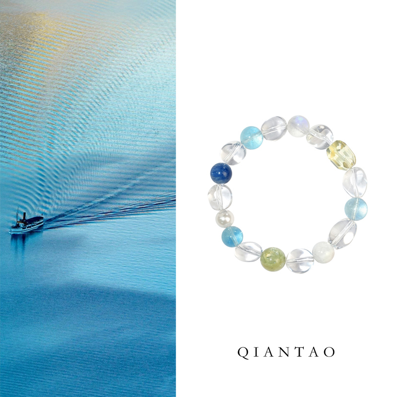 Qiantao「Spring Time Letter」Natural High Purity White Crystal Bracelet Aquamarine Multi-Gem Good Luck Bracelet Gift