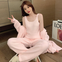 Sandro Vicari2021 winter plus velvet padded coral velvet pink condole belt knitted cotton three-piece suit