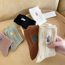 New Spring and Autumn Pure Cotton Womens Socks Cute Bunny Solid Color Tube Socks College Wind Womens Socks Sweet Breathable Ins