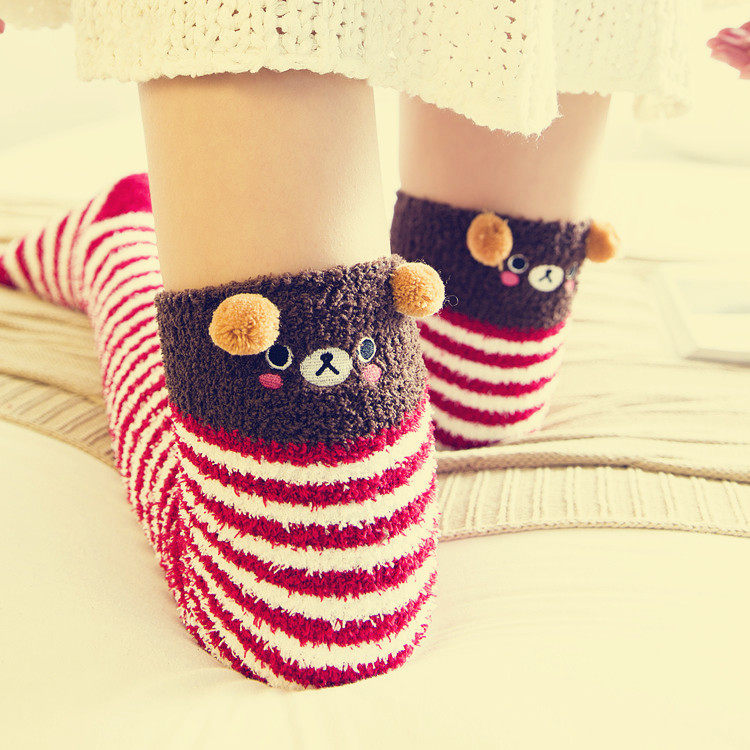 Japanese thickening plush knee and coral floor socks sleep warm home knee sock long tube