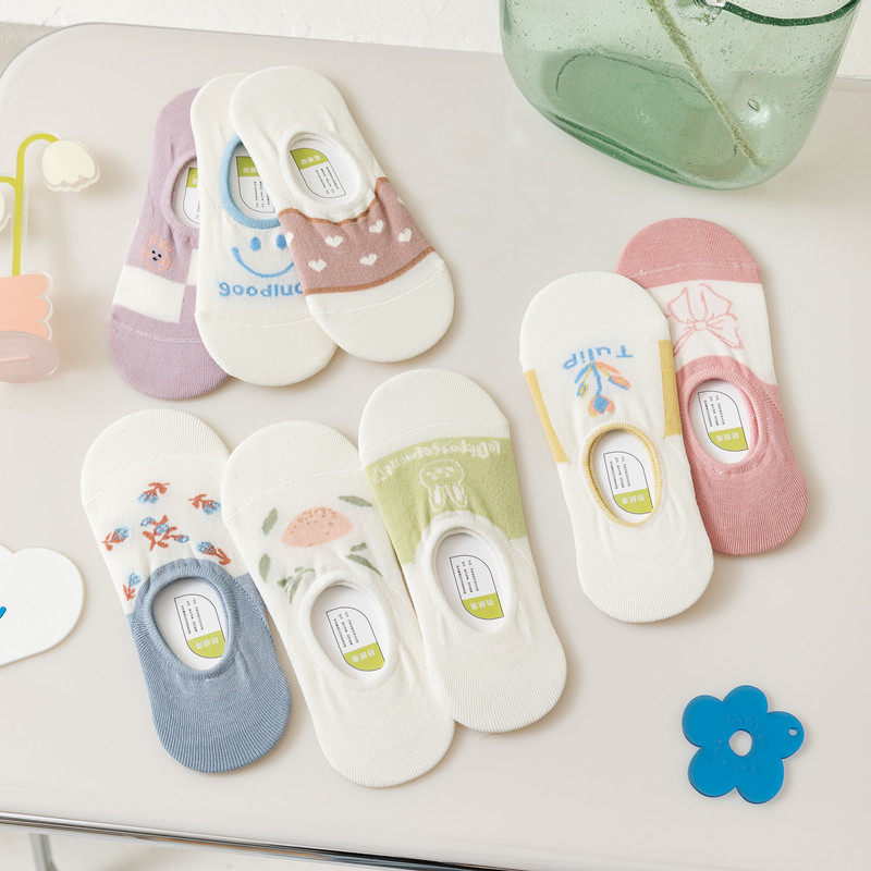 Boat socks invisible in socks pure cotton socks anti-slip silicone low-gang shallow cartoon white socks summer thin