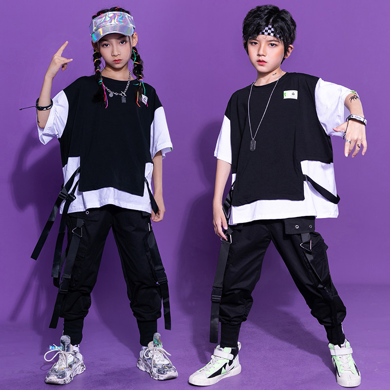 Children's sports suit black and white boy hip-hop street dance clothing children's jazz drum performance clothing girls catwalk