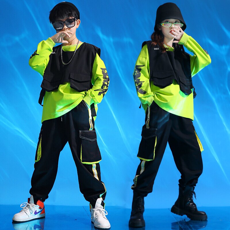 Tide brand children's sports suit boys hip-hop hip-hop clothing black green jazz drum performance clothing girls handsome sweater