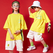 Young childrens sports suit boy hip hop street dancing dress yellow and white childhood girl jazz rack drum dress
