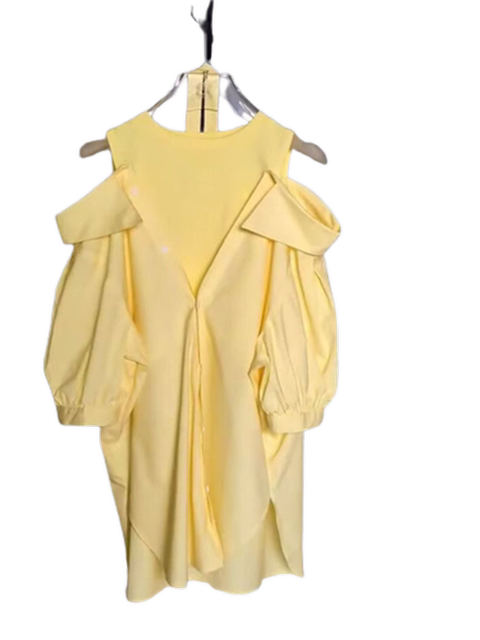 Shopping mall women's clothing 2024 spring and autumn new style French niche stunning yellow off-shoulder fake two-piece shirt dress