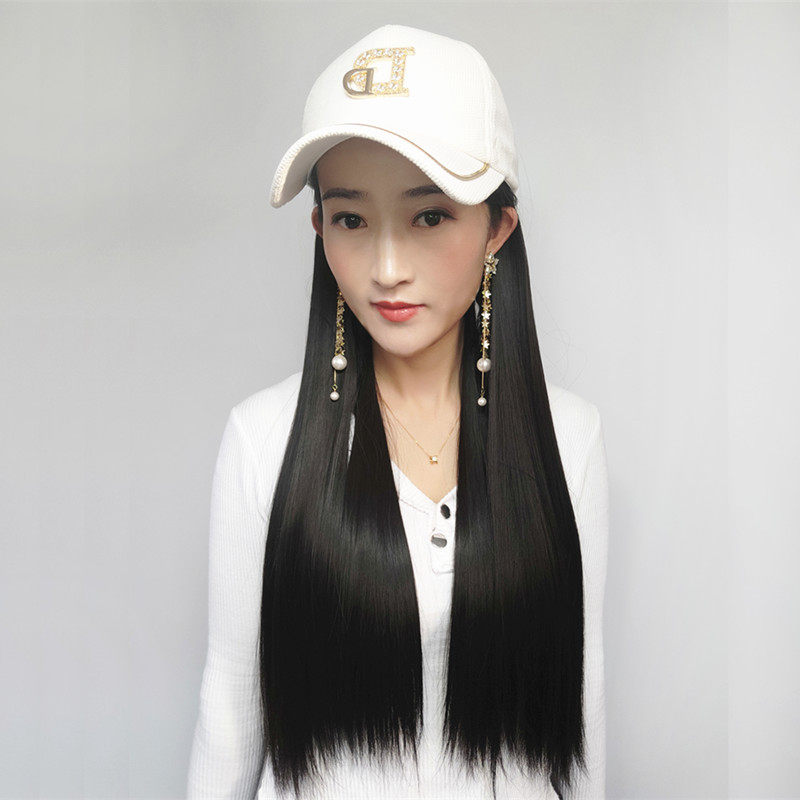 2020 spring and summer baseball cap wig all-in-one hat women's long curly hair detachable peaked cap long straight hair big waves