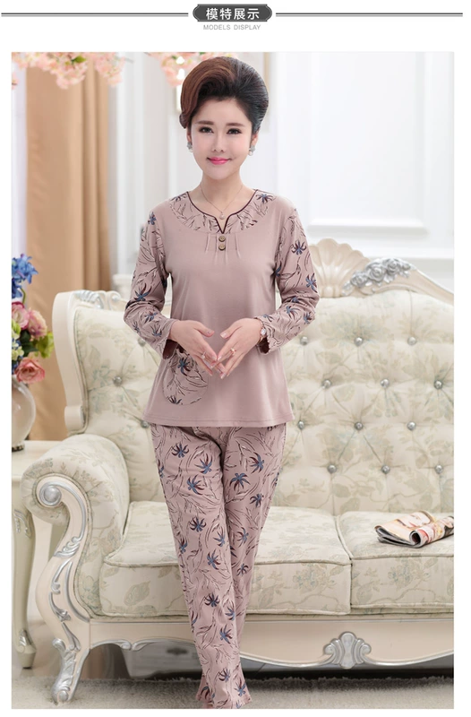 Mẹ đồ ngủ của phụ nữ cotton dài tay mùa xuân và mùa thu bộ của trung niên và người già cotton tuổi của người dân dịch vụ nhà phù hợp với có thể được đeo