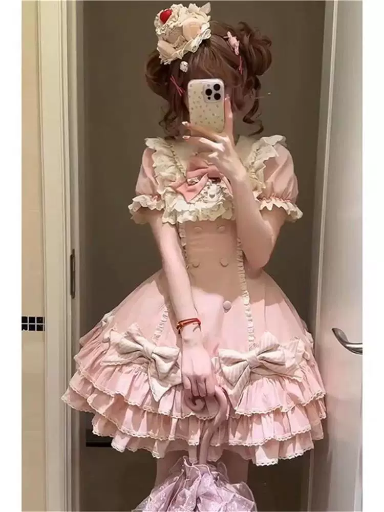 Полосатая многослойная Lolita, Lolita-розовый торт Юбка, милая и сладкая принцесса, платье-свитера с коротким рукавом OP, юбка на день рождения весна и осень