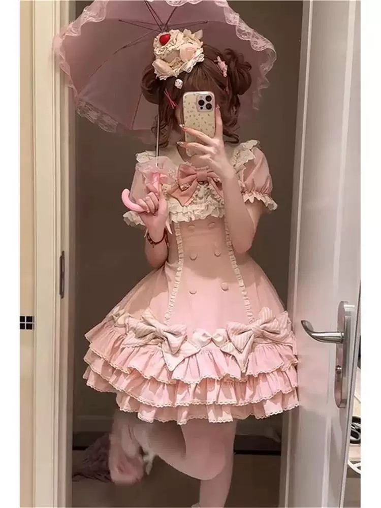 Полосатая многослойная Lolita, Lolita-розовый торт Юбка, милая и сладкая принцесса, платье-свитера с коротким рукавом OP, юбка на день рождения весна и осень