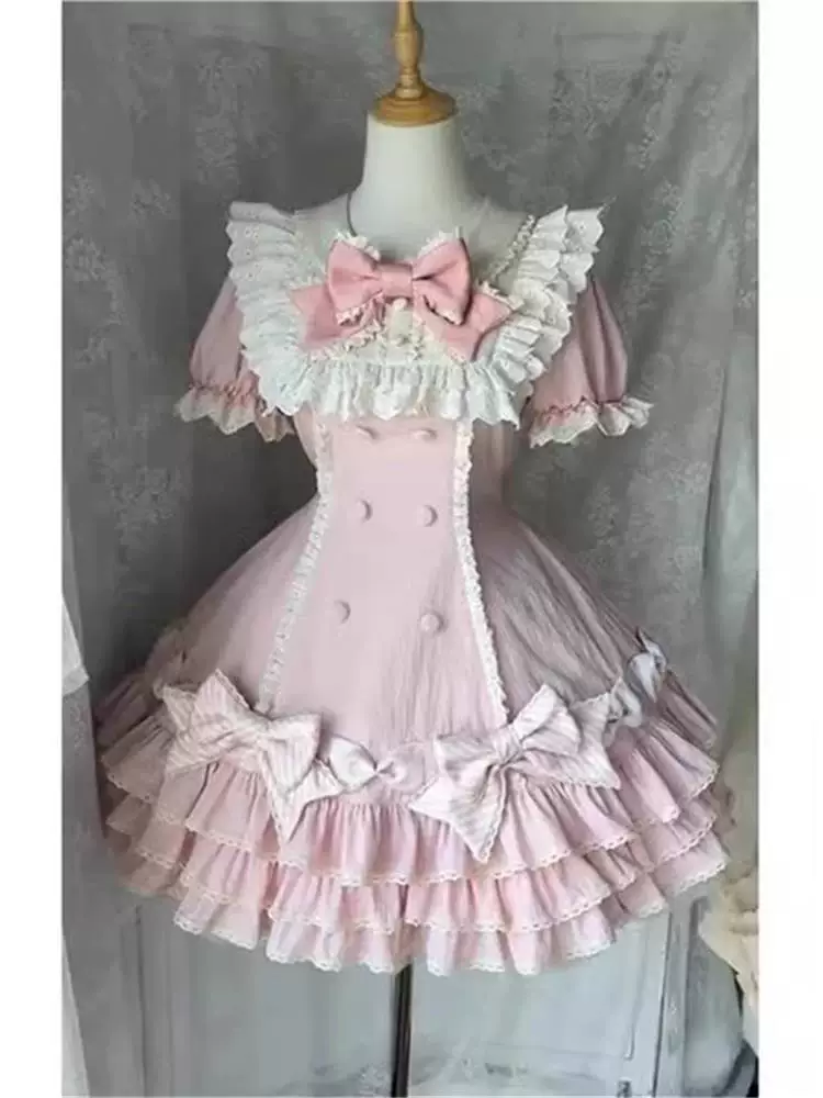 Полосатая многослойная Lolita, Lolita-розовый торт Юбка, милая и сладкая принцесса, платье-свитера с коротким рукавом OP, юбка на день рождения весна и осень