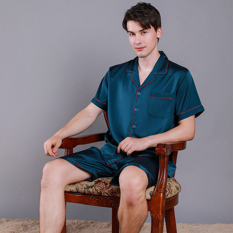 Pajamas men's ice silk breathable short sleeves shorts mulberry silk cardigan loungewear summer thin silk plus size set