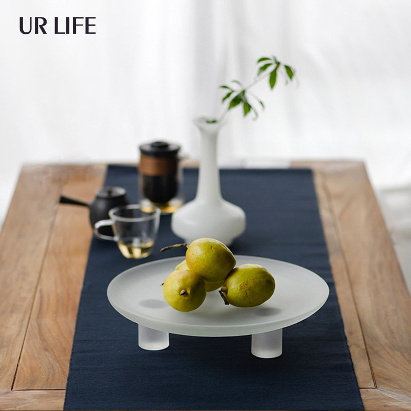 urlife minimalist white frosted round three-legged high-footed fruit plate tray decoration model room new Chinese tea table