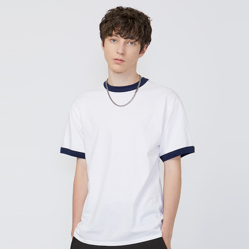 Gildan 76600 Color-Blocked Collar T-Shirt for Men, Short-Sleeved, Round Neck, Loose Fit, Pure Cotton, High-End Base Shirt, Casual Japanese Style Trendy Brand