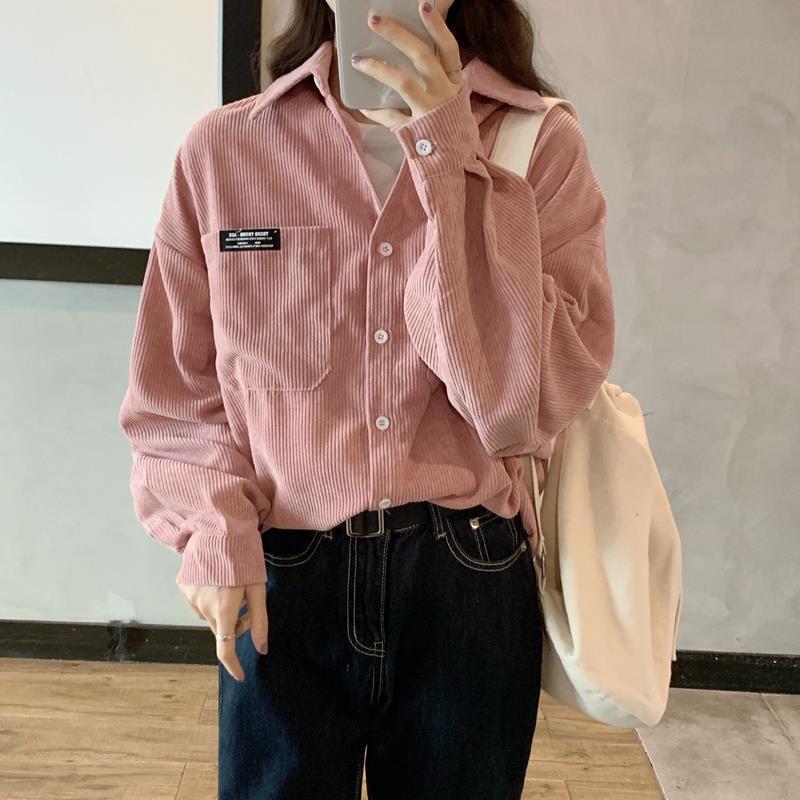Loose Corduroy Shirt Jacket for Women, New Autumn and Winter Korean Style, Brushed Design, Niche Double-Pocket Long-Sleeve Top