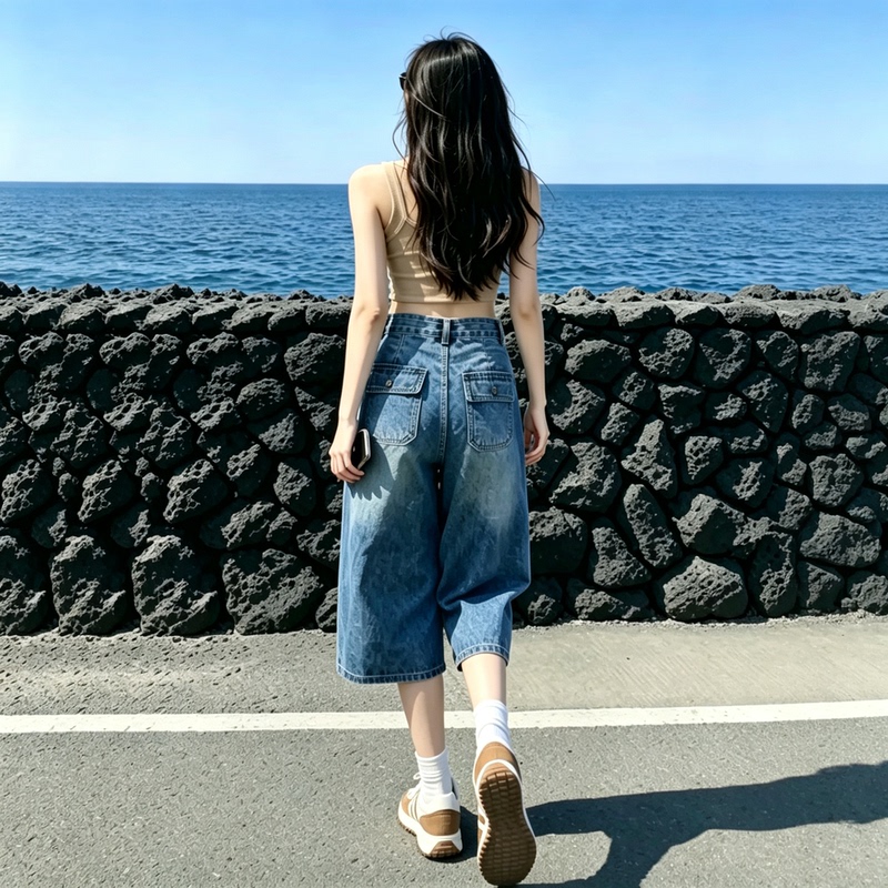 High-Waisted Curved Hem Cropped Jeans for Women, Summer Thin 2026 New Style, Petite Loose Wide-Leg Versatile Straight Shorts