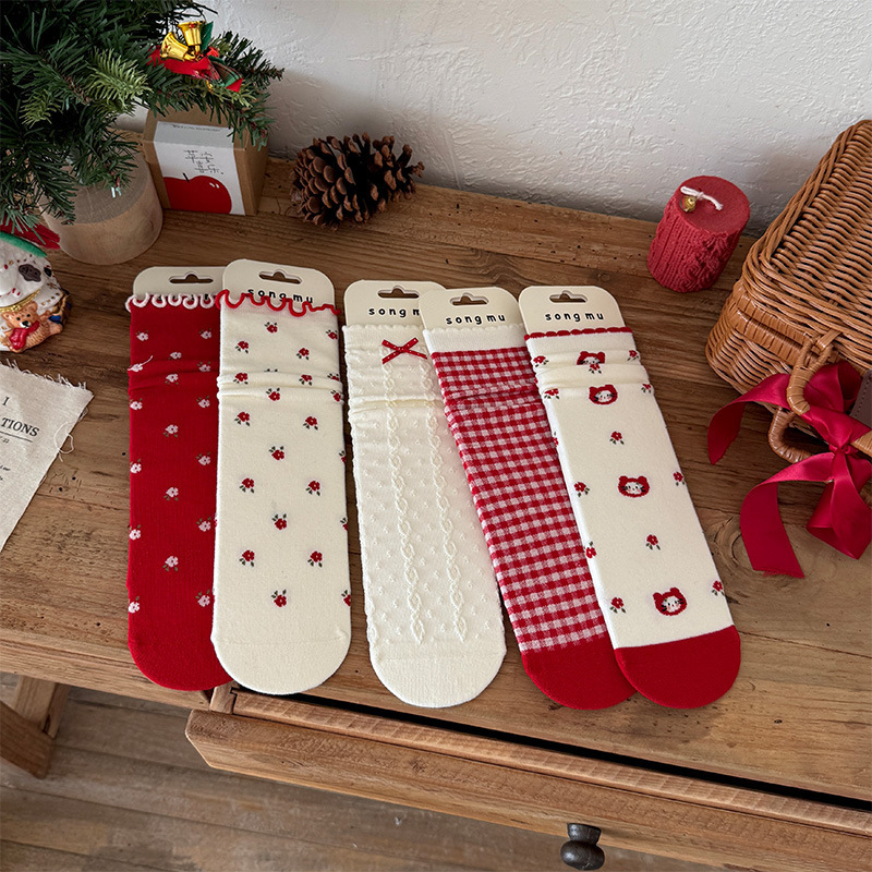 New Year Red Bow Floral Socks for Women, Mid-Calf Socks, Mori Style Cartoon Plaid Ruffle Edge Slouch Socks New Year Red Bow Floral Socks for Women, Mid-Calf Socks, Mori Style Cartoon Plaid Ruffle Edge Slouch Socks