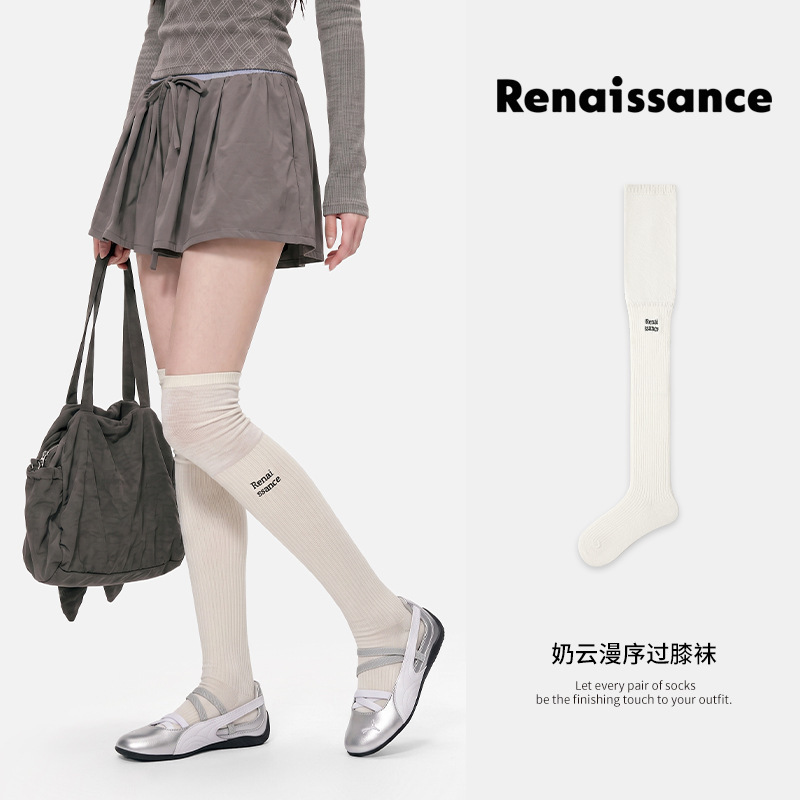 Renaissance Original Women's Socks in Milky White Miu Style, Pure Desire Style Long Over-The-Knee Socks, Breathable High Tube Socks for Women Renaissance Original Women's Socks in Milky White Miu Style, Pure Desire Style Long Over-The-Knee Socks, Breathable High Tube Socks for Women