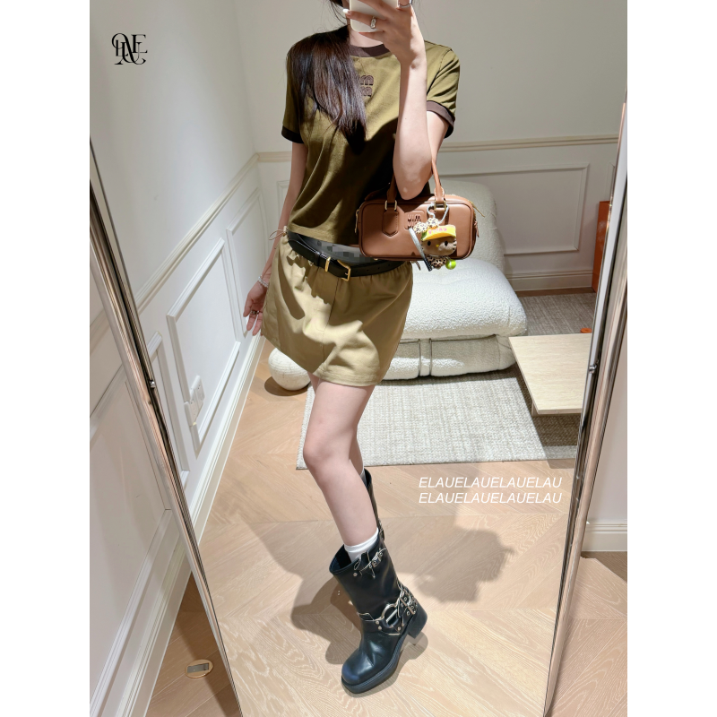 【In Stock】Custom-Dyed Contrasting Army Green Short-Sleeve Patchwork Embroidered Short Top with Khaki Elastic Waist Faux Two-Piece Short Skirt