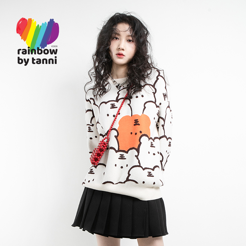 Tanni Unisex Couple Style Cute Tiger Head Print Pullover Round Neck Sweater Knitwear Rl11Kn901A