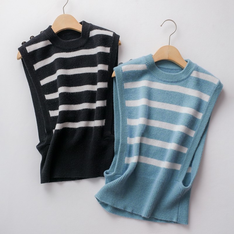 Wool Brush Striped Waistcoat Women's Spring Autumn Outlap Fashion Short Knit Collection Waist Sleeve Head Sleeveless Vest Jacket External Wear