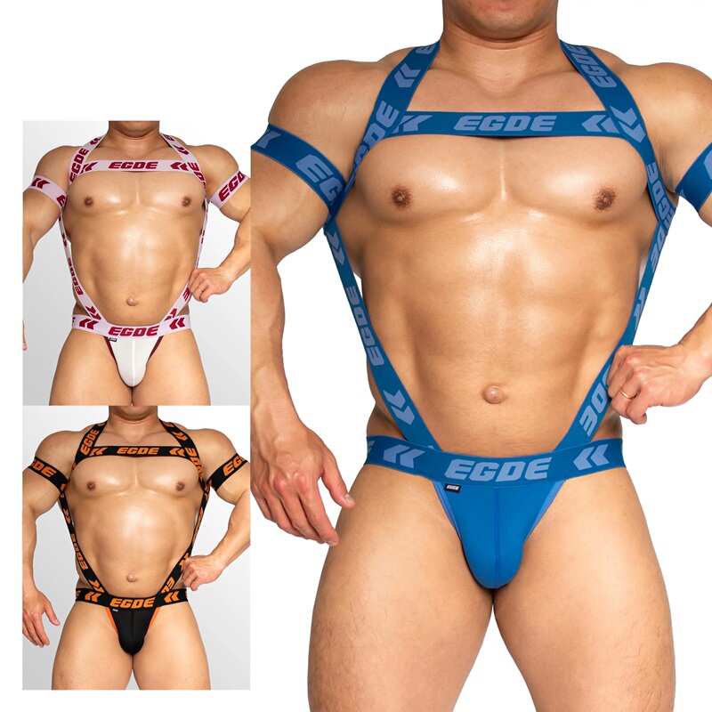 【4042】Egde Men's Shoulder-Strap Double Thong Underwear Set Strova Series Ultra-Low Waist Suspenders