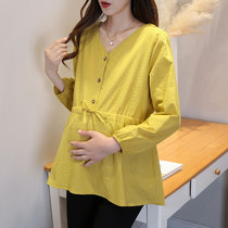 New pregnant women shirt 2021 spring autumn V collar cotton top size loose tooling fashion strap