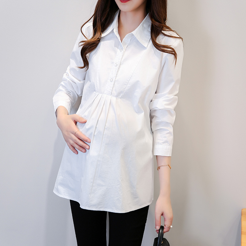 Maternity shirt summer and autumn new white fashion medium-long tooling OL work clothes formal lace-up professional shirt