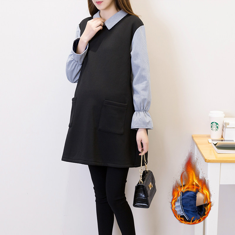 Pregnant woman plus suede autumn winter new lining dress fashion big size easy and fake two foreign clothes Korean version warm and undercoat