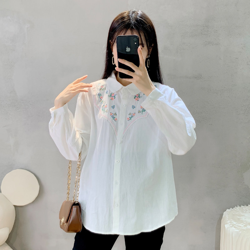 Maternity shirt autumn 2022 new embroidery lapel top Korean version large size loose mid-length bottoming shirt