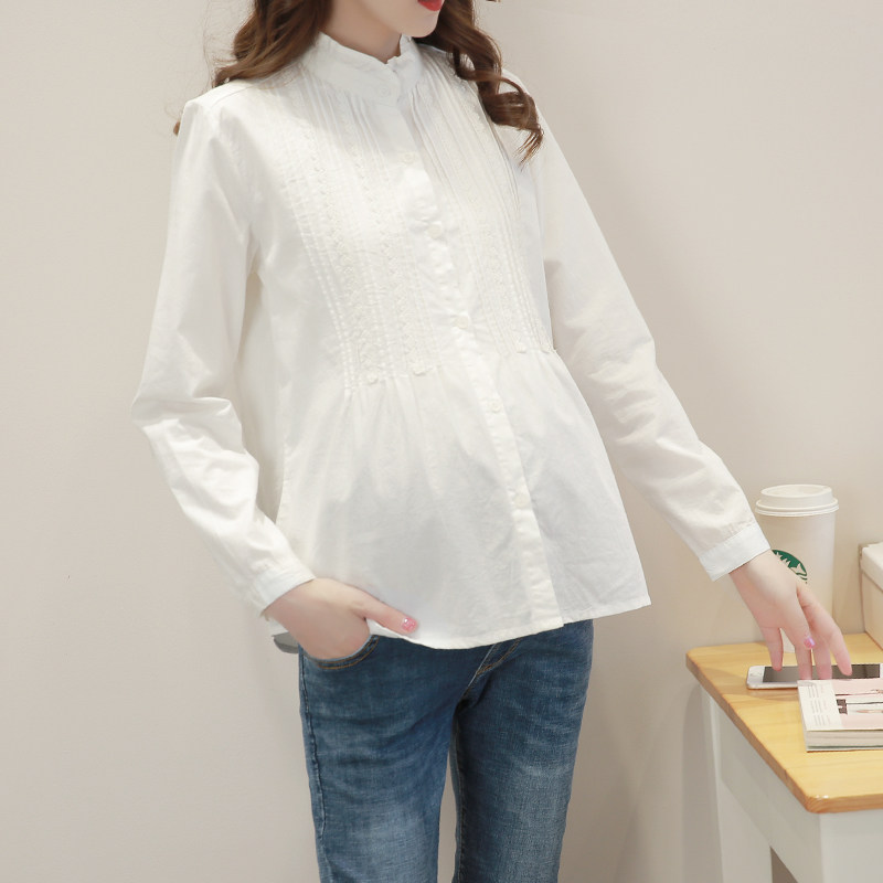 Maternity white spring and autumn long sleeve shirt professional tooling loose inside shirt Joker cotton collar overalls