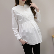 Maternity shirts spring and autumn long-sleeved mid-length stand-up collar tops new Korean style loose and fashionable white professional bottoming shirts