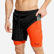 Muscle fitness brothers sports shorts mens training fitness five-point pants anti-light elastic fake two double-layer shorts