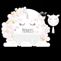 A37 Pink Unicorn Baby Full Moon Thyme Birthday Party Background PSD AI Material Template