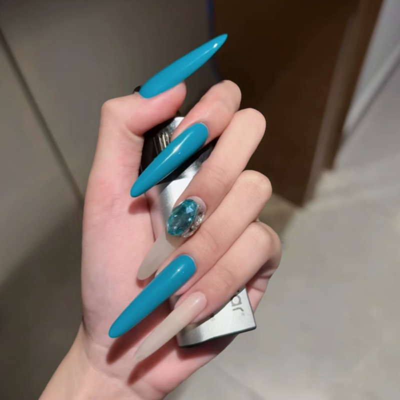 Fine Dog-Shaped Nail Art in Peacock Blue and Turquoise Green with Stacked Rhinestones, Wearable Manicure with an Atmospheric Blue Handmade Nail Design Fine Dog-Shaped Nail Art in Peacock Blue and Turquoise Green with Stacked Rhinestones, Wearable Manicure with an Atmospheric Blue Handmade Nail Design
