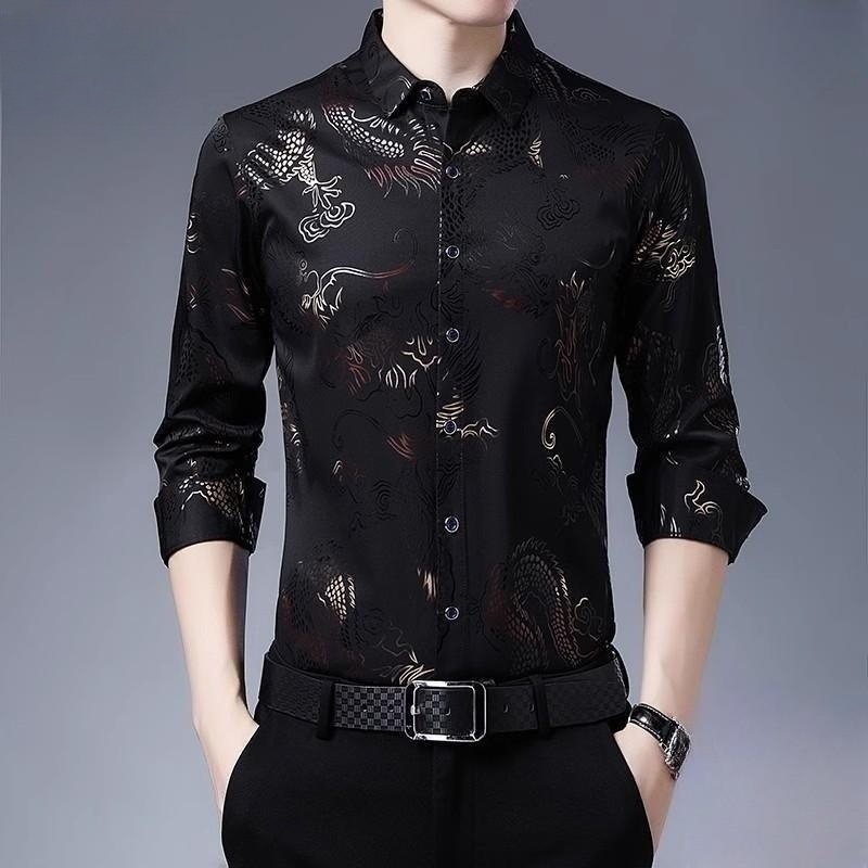 Spring New Style Long-Sleeved Shirt for Middle-Aged Men, Thin Casual Men's Wear, Black Printed Dragon Pattern Dad's Gold-Stamped Shirt