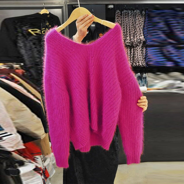 Korea Dongdaemun 2023 autumn and winter solid color sexy off-shoulder V-neck pullover sweater women's loose knitted sweater top