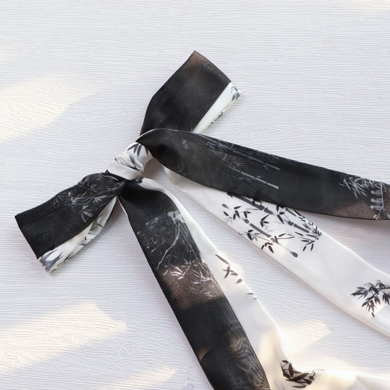 Clouds, deep fog, light ink, original royal sister, horsetail hair ring, ink wash, bamboo leaf, Hanfu hair band, ancient style, black and white strap