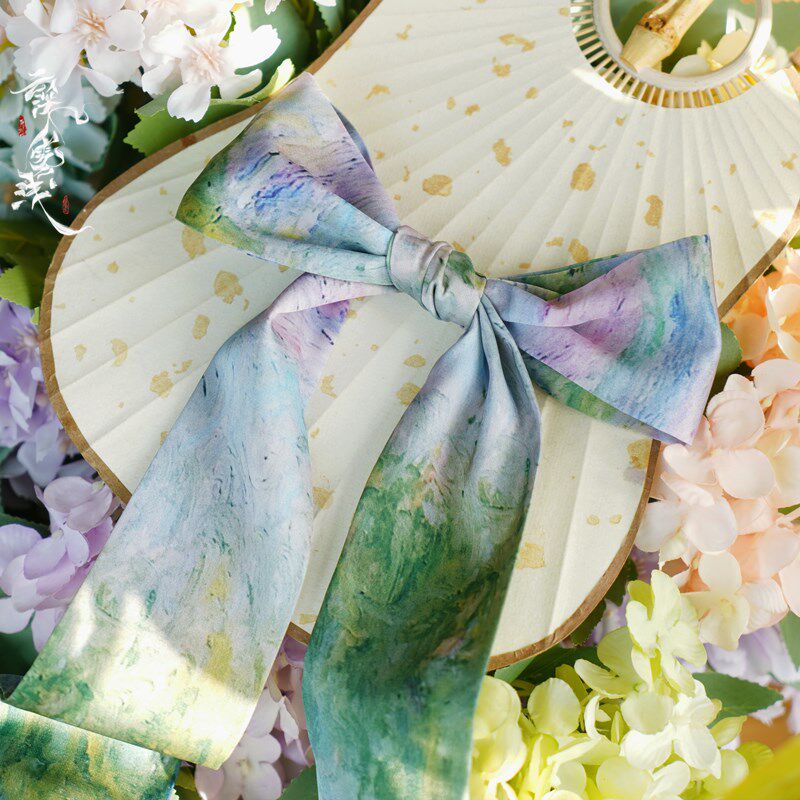 Cloud deep mist Shallow Oil Painting Sensation Printed progressive layer Flower strip silk towels 100 hitch spring breath Han uniform hair with hair ring