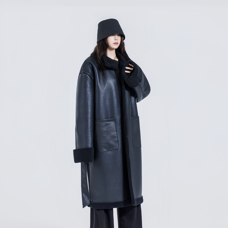 Black Long Over-The-Knee Fur-Lined Trench Coat for Women, Fleece-Lined, Thick, Loose-Fitting, Warm Cotton-Padded Coat