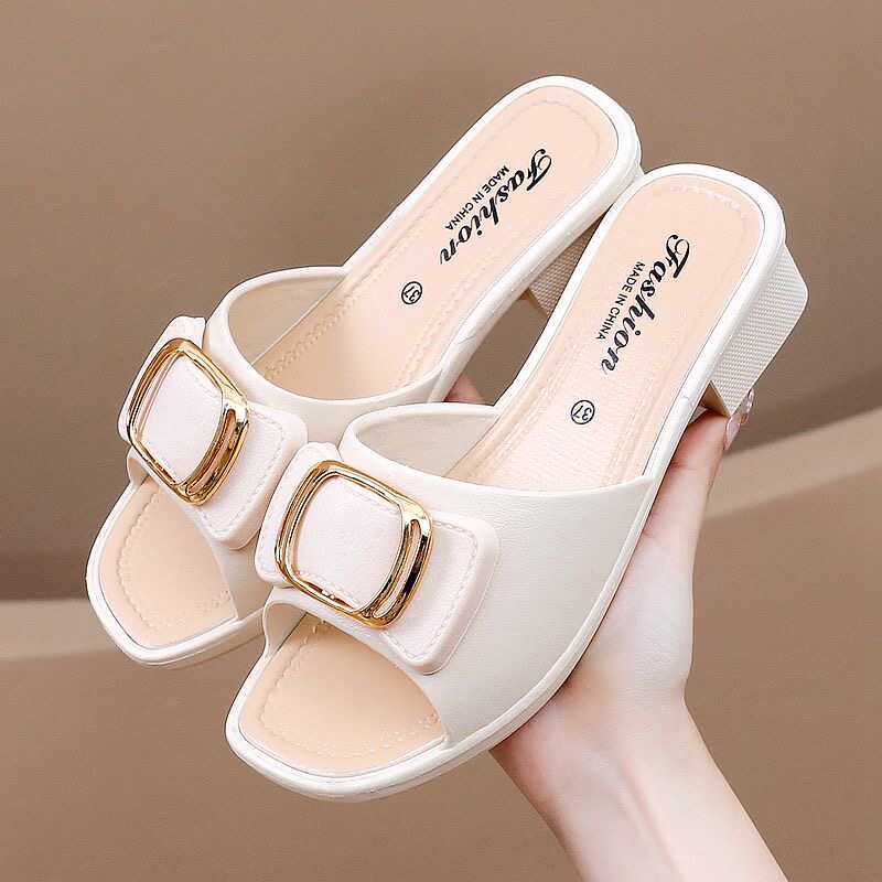 High-Heeled Slippers for Women 2025 Summer Slippers Korean Style Internet Celebrity Buckle Chunky Heel Ladies' Mom Slippers Outdoor Beach Shoes