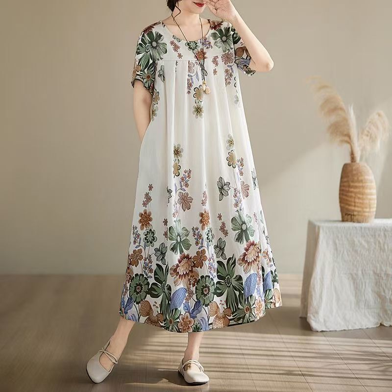Trendy Mom Ethnic Style Printed Cotton Silk Dress Women's Summer Plus Size Nightgown Loose Long Slimming Age-Reducing Dress Trendy Mom Ethnic Style Printed Cotton Silk Dress Women's Summer Plus Size Nightgown Loose Long Slimming Age-Reducing Dress