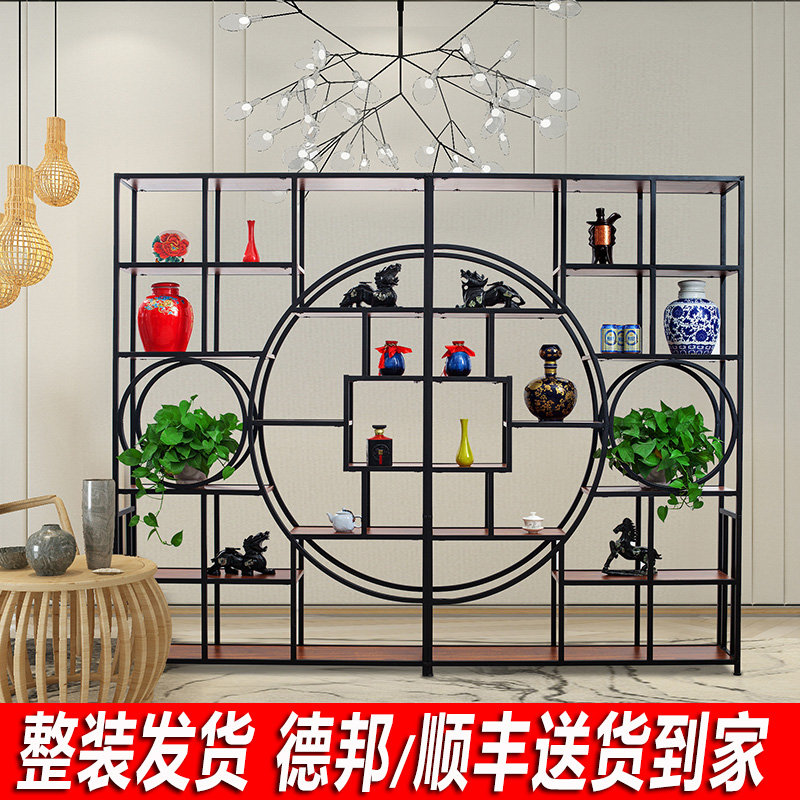 Modern new Chinese screen display rack Wrought iron steel wood shelf Office bookshelf Living room simple multi-layer partition