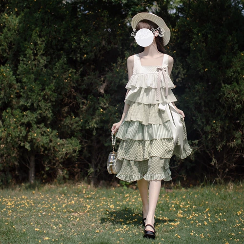 胡桃木 Оригинальное зеленое платье, длинная юбка, стиль Лолита