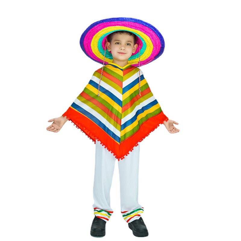 Little Boy Kidsren's Mexican Colorful Cloak Clothes Mexican Ethnic Style Halloween Stage Performance Costumes