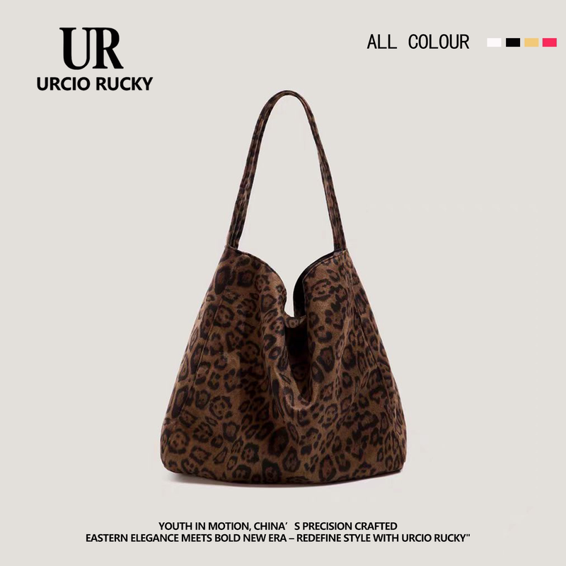 Urcio Rucky Korean Style Leopard Print Bag for Women 2026 Autumn and Winter New Large Capacity Single Shoulder Commuter Tote Bag