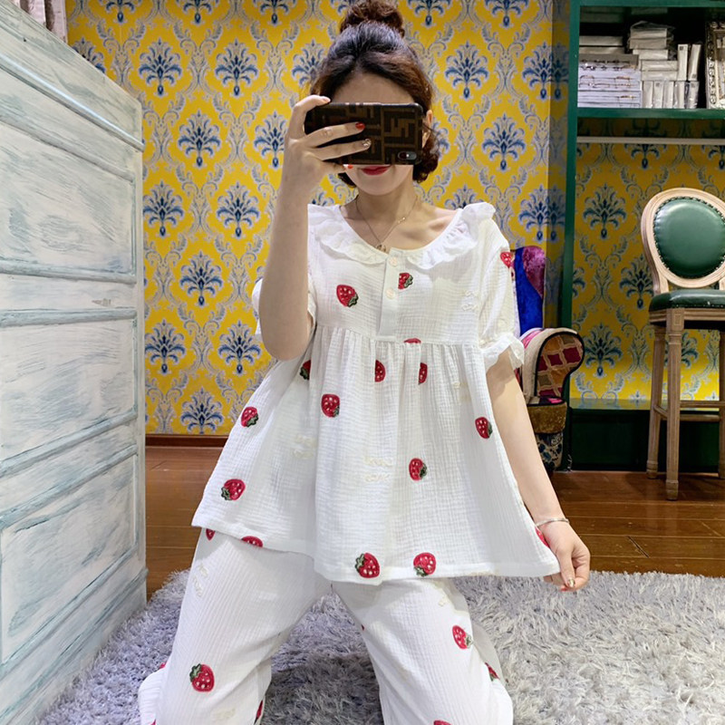 Summer pure cotton gauze pajamas women's short-sleeved cropped pants sweet strawberry embroidery princess lace home service suit thin
